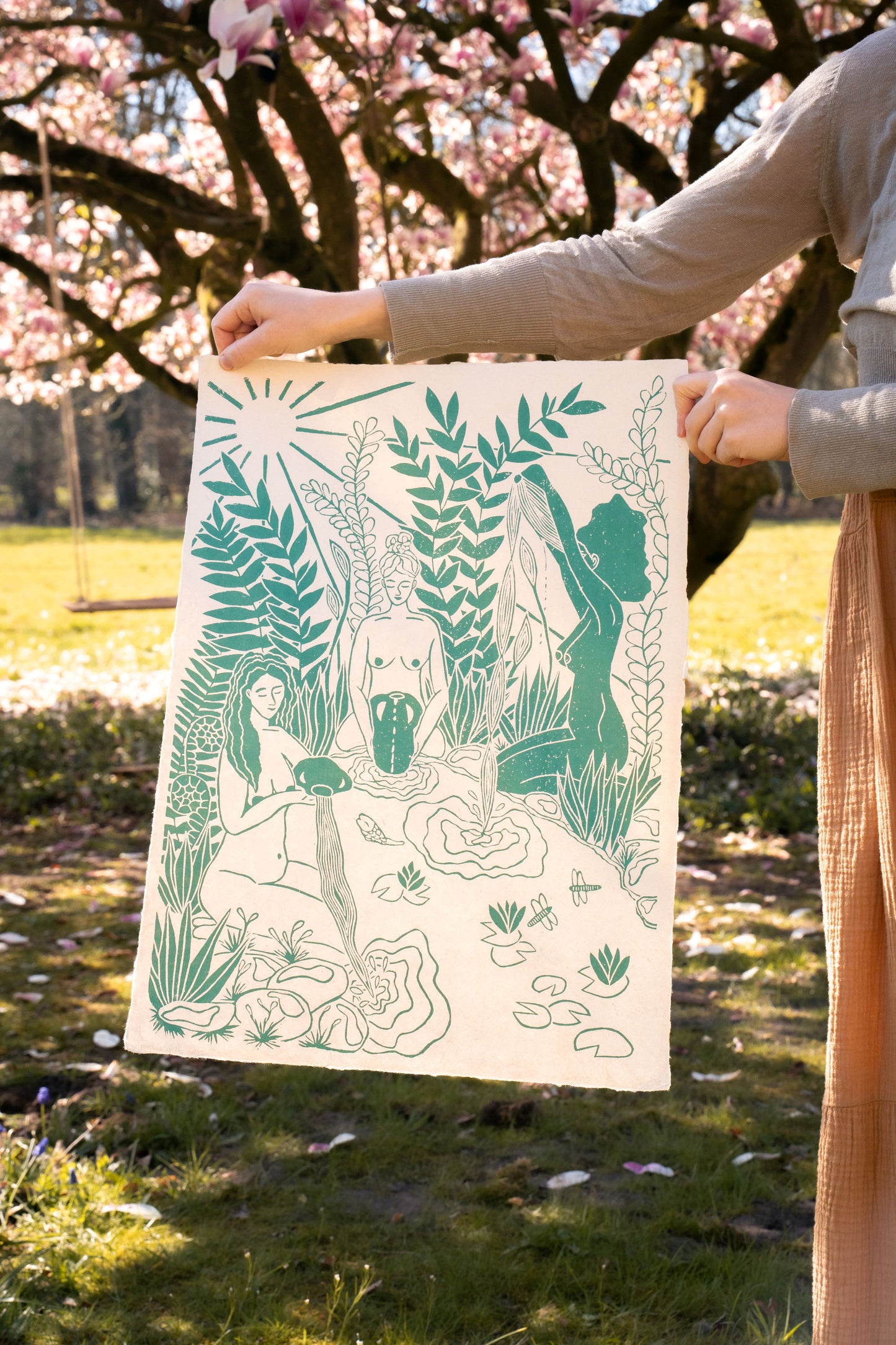 Vrouwencirkel kunst, Vrouwen kunst, Vrouwen print, Women's circle art, Maidens of the Spring, linosnede