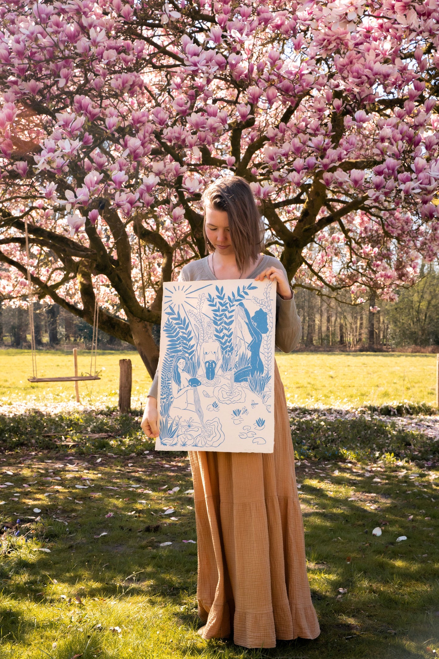 Vrouwencirkel kunst, Vrouwen kunst, Vrouwen print, Women's circle art, Maidens of the Spring, linosnede