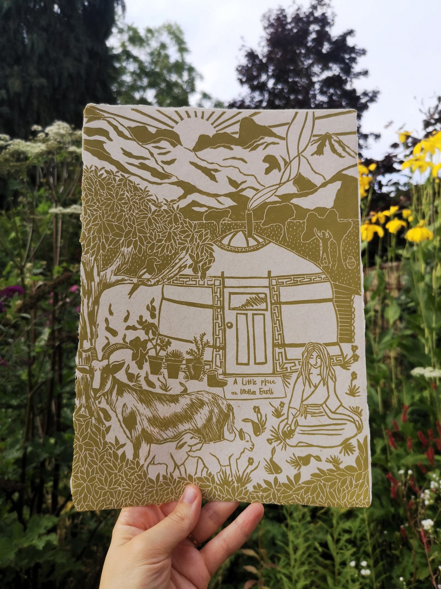 Yurt kunst, ger kunst, tiny house kunst, tinyhouse art, yurt art, simple life art, a little place on mother earth, yurt print, linoleum print, linocut art