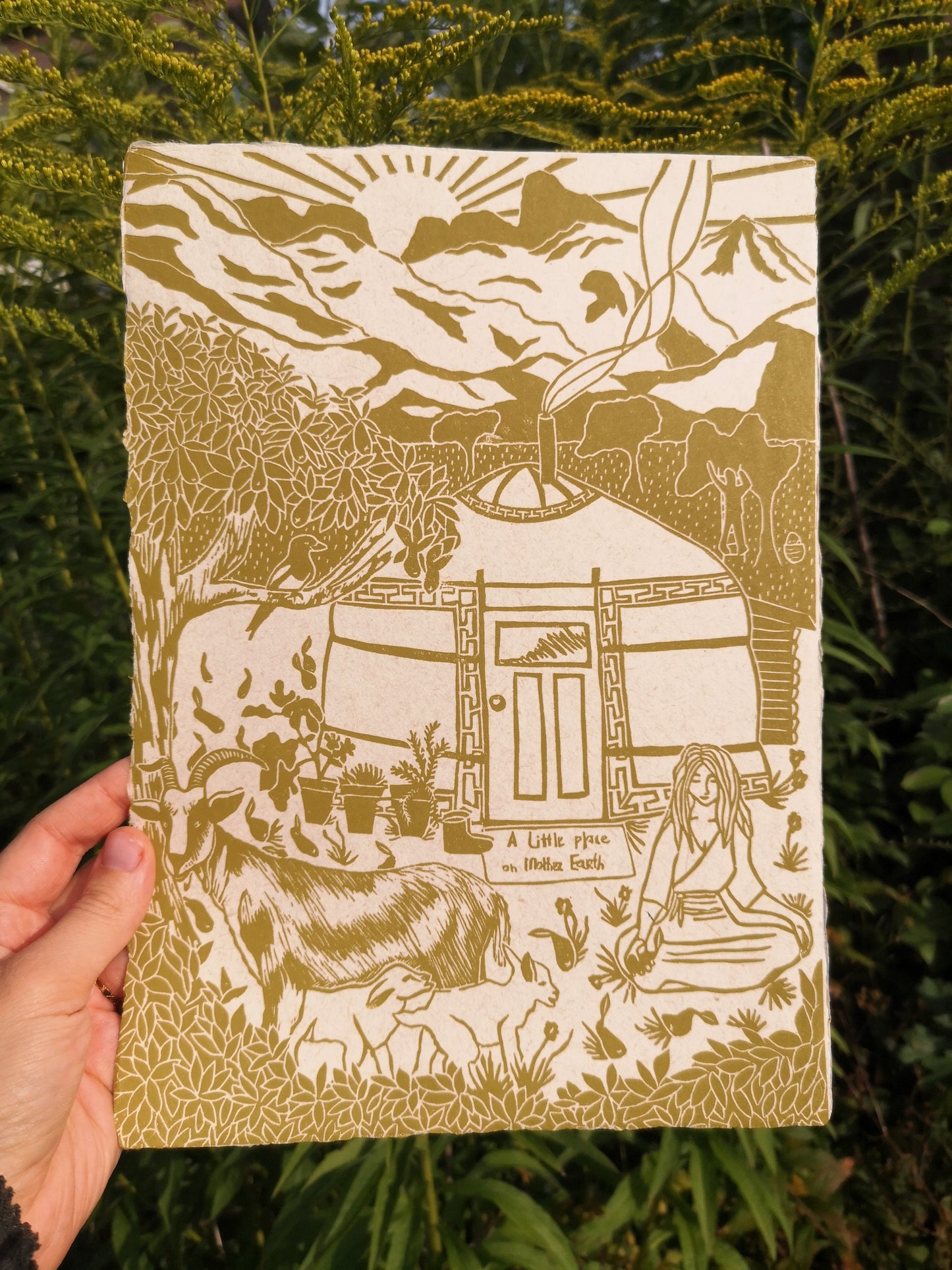 Yurt kunst, ger kunst, tiny house kunst, tinyhouse art, yurt art, simple life art, a little place on mother earth, yurt print, linoleum print, linocut art
