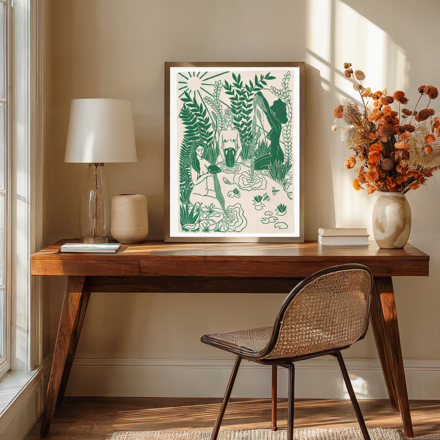 Vrouwencirkel kunst, Vrouwen kunst, Vrouwen print, Women's circle art, Maidens of the Spring, linosnede