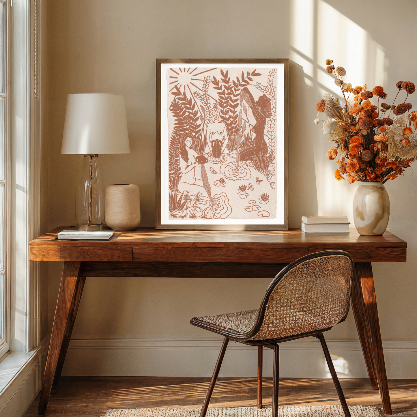 Vrouwencirkel kunst, Vrouwen kunst, Vrouwen print, Women's circle art, Maidens of the Spring, linosnede