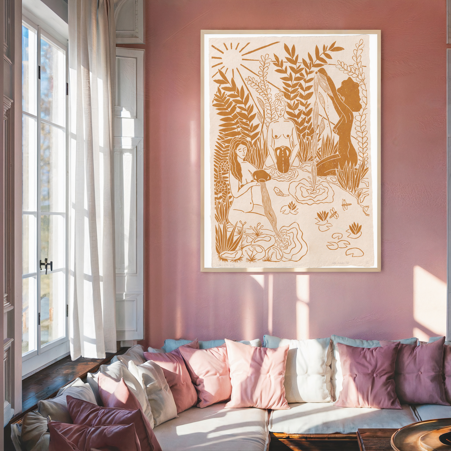 Vrouwencirkel kunst, Vrouwen kunst, Vrouwen print, Women's circle art, Maidens of the Spring, linosnede