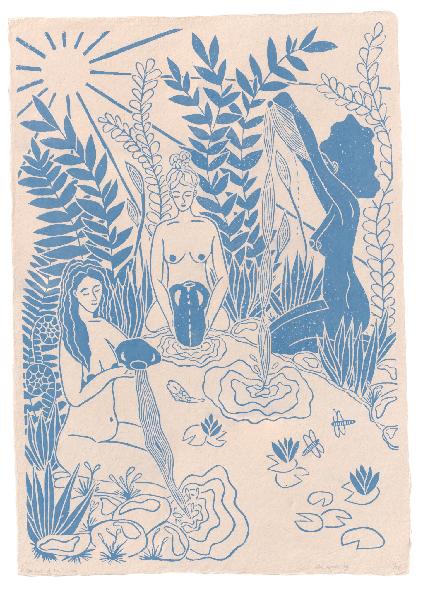 Vrouwencirkel kunst, Vrouwen kunst, Vrouwen print, Women's circle art, Maidens of the Spring, linosnede