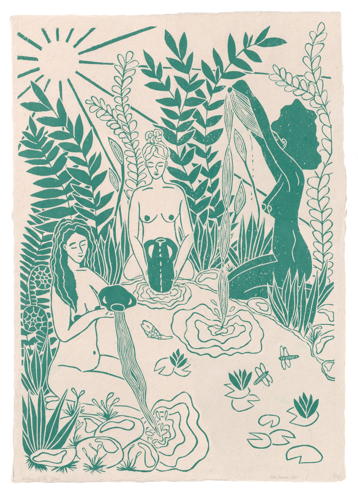 Vrouwencirkel kunst, Vrouwen kunst, Vrouwen print, Women's circle art, Maidens of the Spring, linosnede
