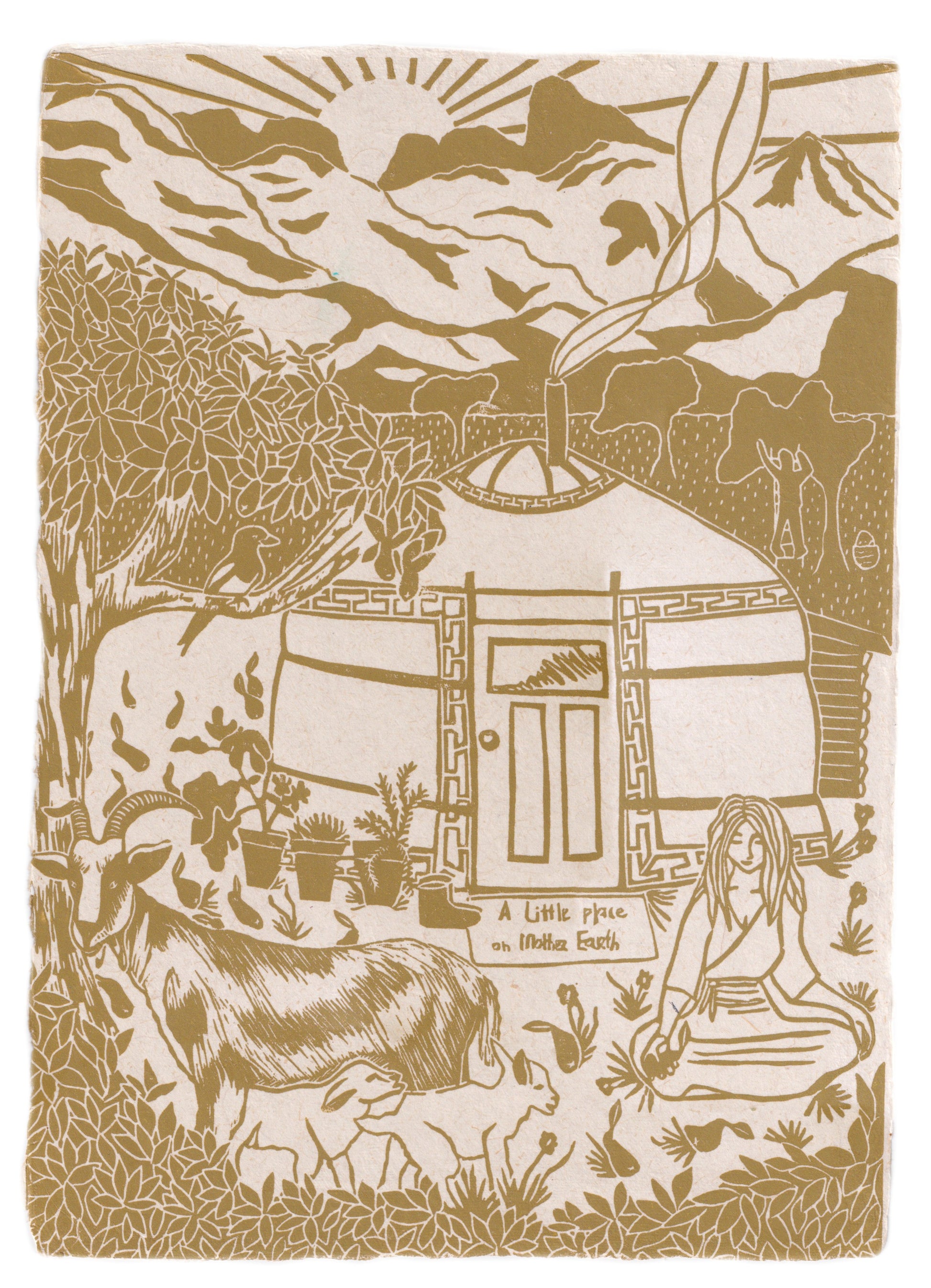 Yurt kunst, ger kunst, tiny house kunst, tinyhouse art, yurt art, simple life art, a little place on mother earth, yurt print, linoleum print, linocut art