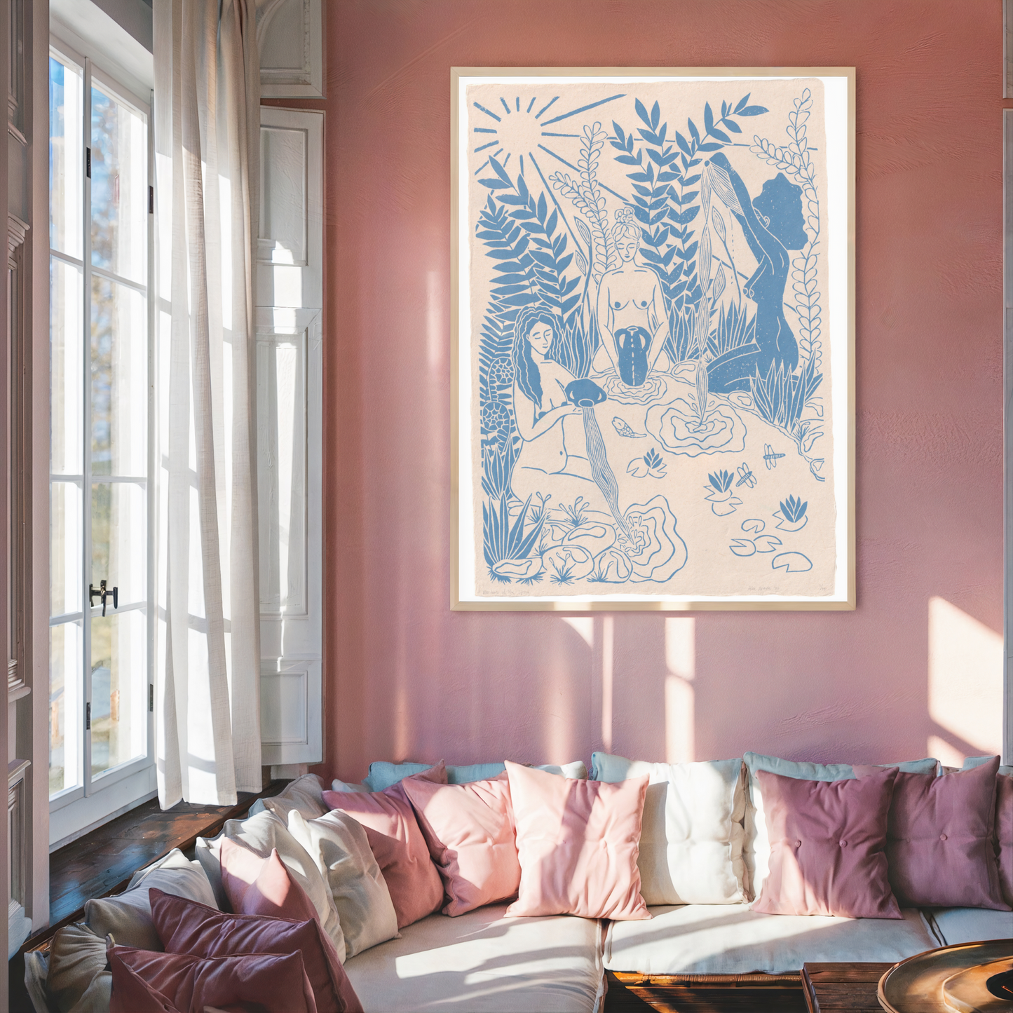 Vrouwencirkel kunst, Vrouwen kunst, Vrouwen print, Women's circle art, Maidens of the Spring, linosnede
