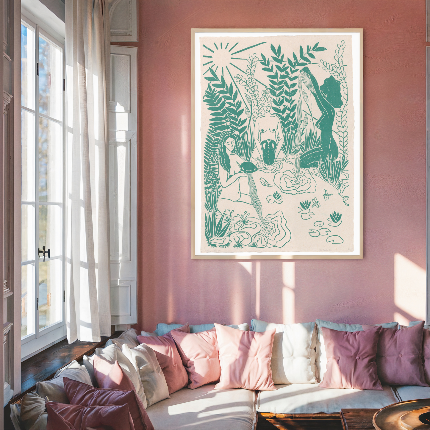 Vrouwencirkel kunst, Vrouwen kunst, Vrouwen print, Women's circle art, Maidens of the Spring, linosnede