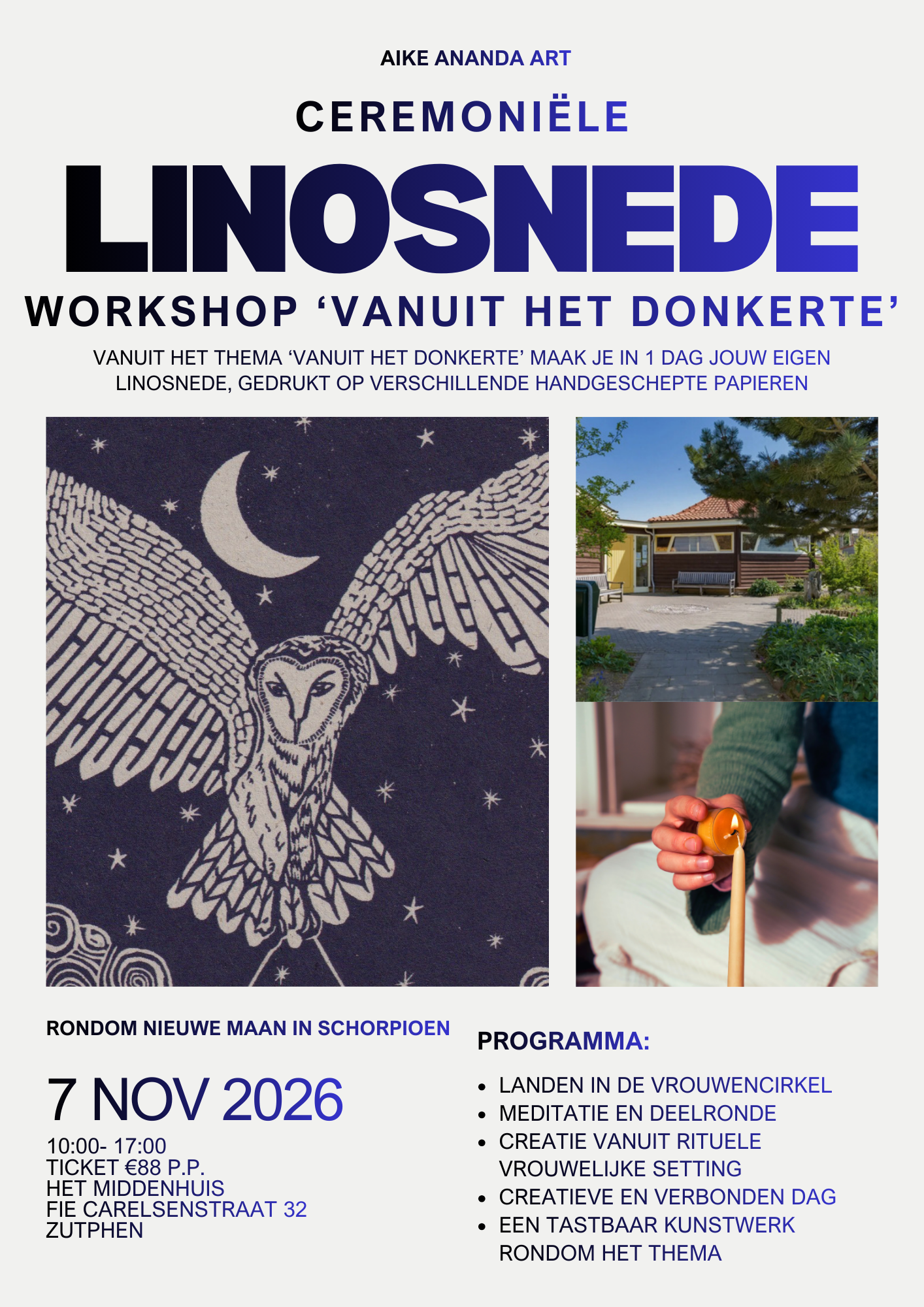 Linosnede workshop Zutphen Arnhem Gelderland Apeldoorn Deventer Utrecht Drenthe Zwolle Nijmegen Zeist Amsterdam Rotterdam Den Haag Groningen Breda Aike Ananda Art