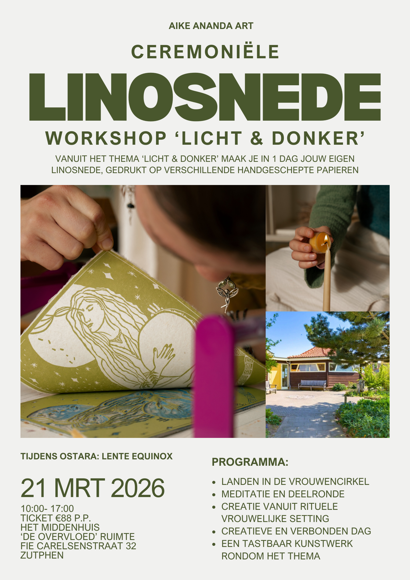 Linosnede workshop Zutphen Arnhem Gelderland Apeldoorn Deventer Utrecht Drenthe Zwolle Nijmegen Zeist Amsterdam Rotterdam Den Haag Groningen Breda Aike Ananda Art