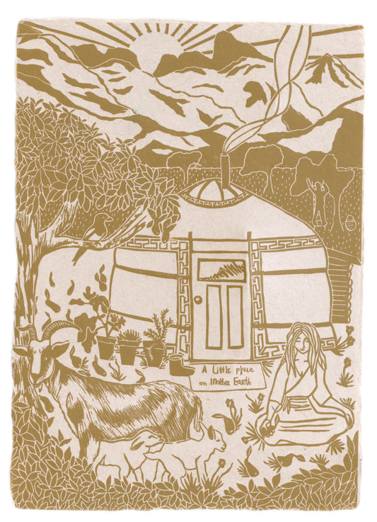 Yurt kunst, ger kunst, tiny house kunst, tinyhouse art, yurt art, simple life art, a little place on mother earth, yurt print, linoleum print, linocut art